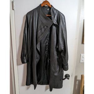 Mid-Length Black Leather Trench Coat Jacket